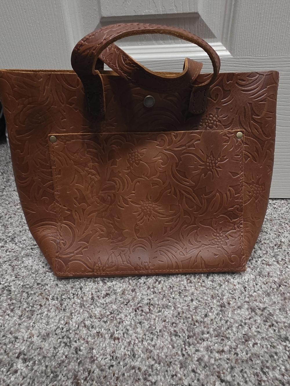 Embossed Floral Leather Tote - Brown